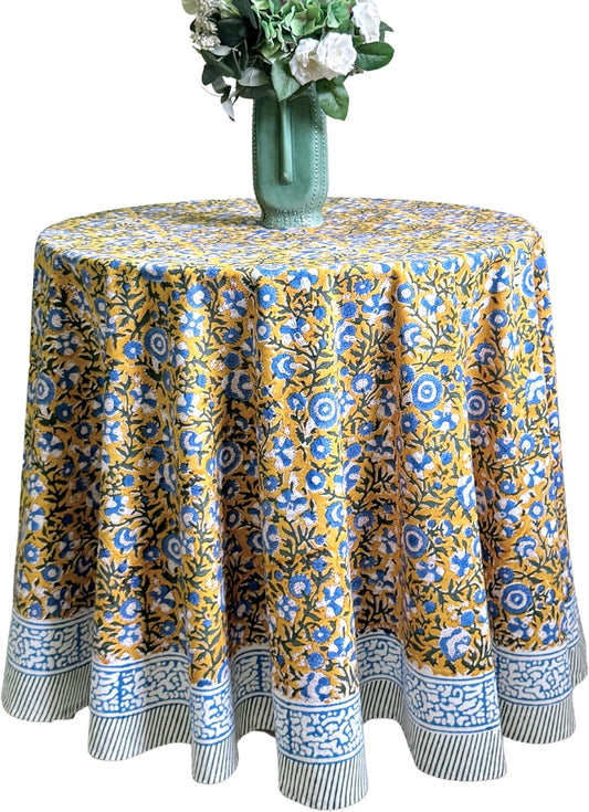ATOSII Marigold Blue100% Cotton Round Tablecloth, Block Print Floral Table Cloth for Dining, Parties, Weddings, Outdoors, Holidays I 90" Inches, 6 Seater I Grandmillennial Farmhouse Spring Summer Boho