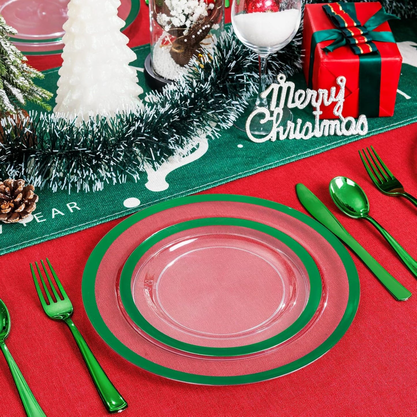 U-QE 120PCS Christmas Plates Disposable - Green Plastic Plates Disposable Heavy Duty- Holiday Plate Include 60 10” Dinner and 60 7” Dessert Platos, Perfect for Christmas, Party, Wedding