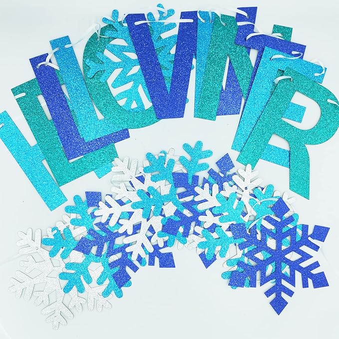 Glittery Hello Winter Banner White Blue Snowflake Banner Winter Wonderland Baby Shower Decorations Christmas Winter Holiday Party Decorations