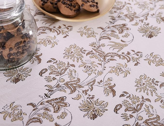 Labhanshi Indian Handblock Print Floral 100% Cotton Pre-Washed Canvas Rectangle Table Cloth|72x135 Inch 10-Seater Large Decorative Table Cover|Spring Easter Festive Holiday Decor|Beige Brown