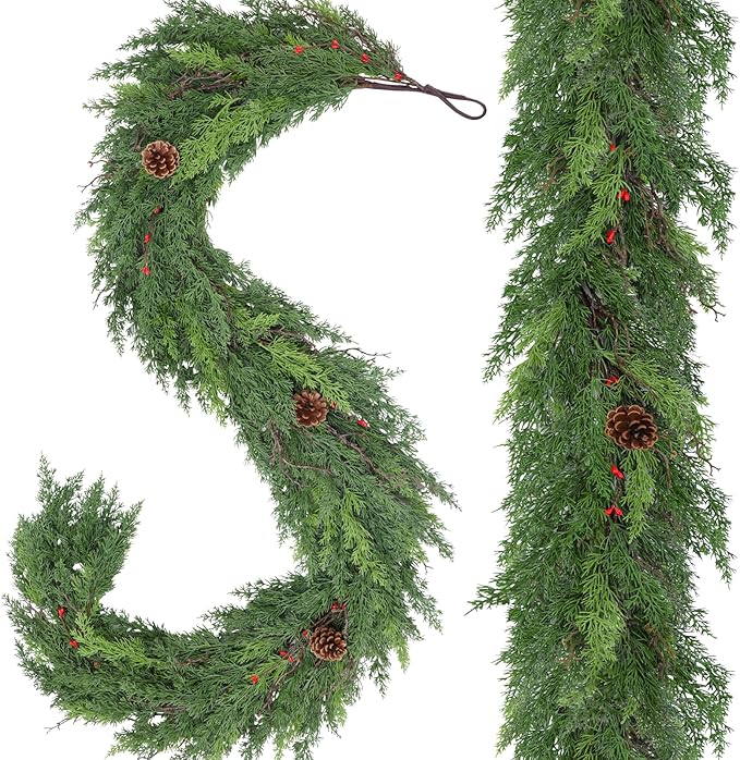 1 Pack 6FT Real Touch Christmas Garland with Pine Cone Artificial Realistic Faux Green Cedar Pine Garland,Thick and Lush, Lifelike Cedar Garland for Fireplace Indoor Outdoor Holiday Party Decoration