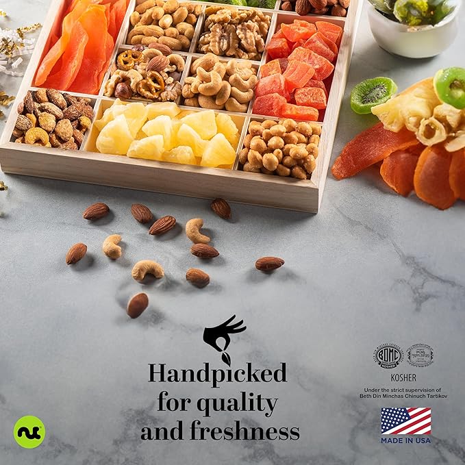 NUT CRAVINGS - Halloween Treats For Adults Dried Fruit & Mixed Nuts Gift Basket in Reusable Wooden Tray + Ribbon (12 Assortments) Holiday Xmas Christmas Food Arrangement, Healthy Snack Care Package,