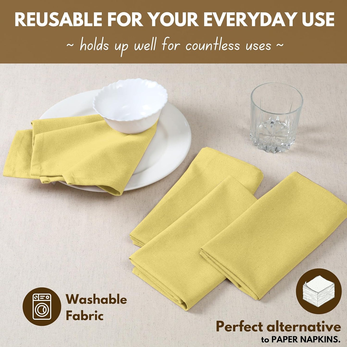 Native Fab Solid Light Yellow Cloth Napkins Set of 4, 100% Cotton Washable Fabric, 17x17 inches, Reusable Table Linen Napkins for Dinner, Party, Wedding, Pale Yellow