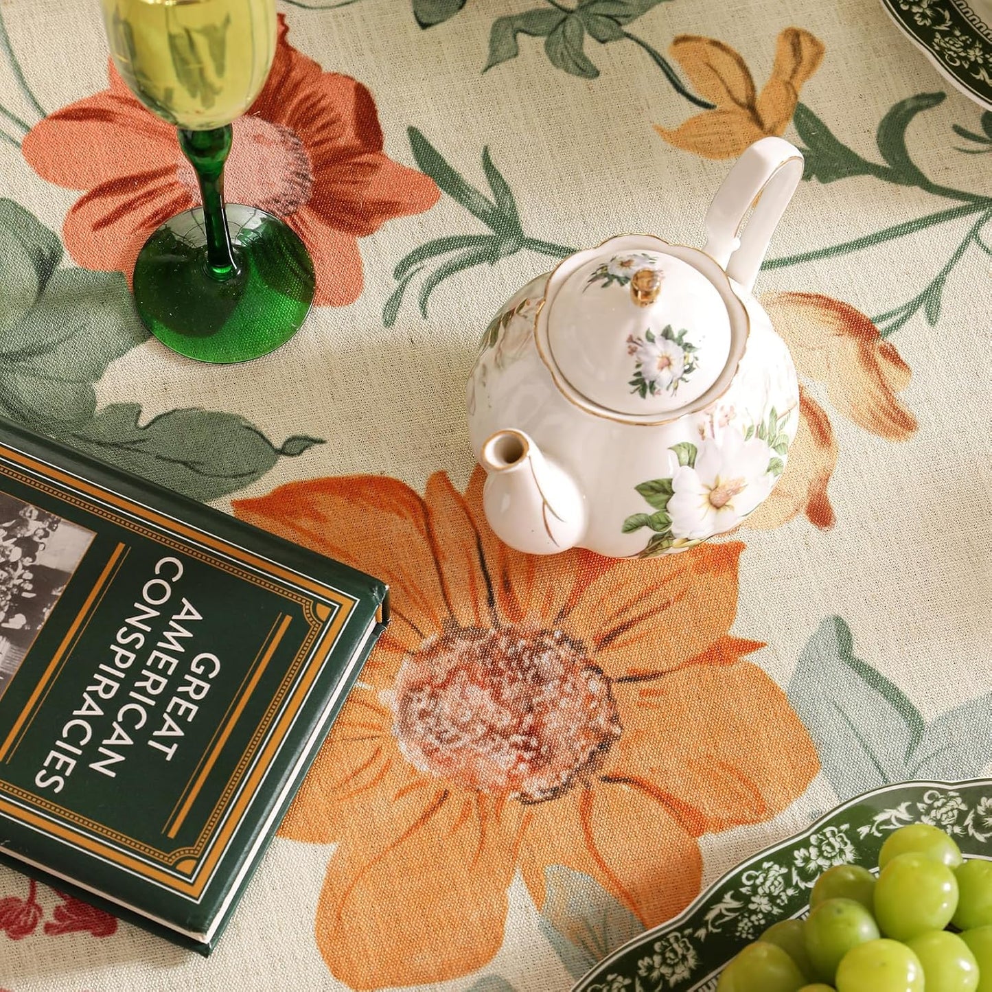 French Tablecloth for Rectangle Table,Linen Orange Floral Wrinkle Resistant Tablecloths,Decorative Table Cover for Kitchen,Dining,Tea Party,Thanksgiving,Christmas,63"*87"-Milch