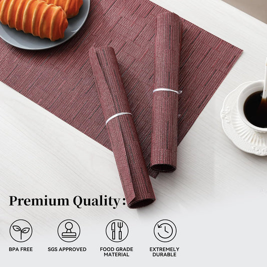 Leetaltree Burgundy Placemats Set of 12 - Heat Resistant Non-Slip Place mats for Dining Table, Washable Durable PVC Vinyl Woven Table Mats(Burgundy, 12)