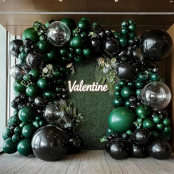 Black Green Balloon Garland Double Stuffed Dark Emerald Green Balloons Clear Bobo Metallic Black Balloon Arch Kit for Christmas New Year Birthday Bridal Shower Graduation Party Decorations