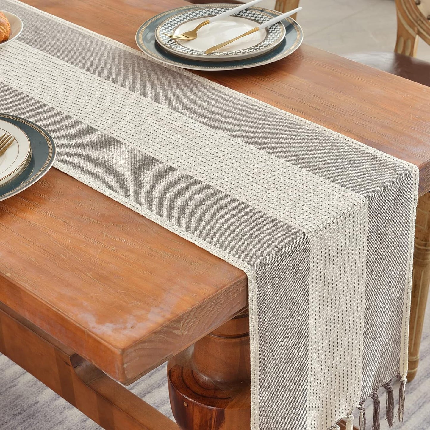 Wracra Linen Table Runner, Farmhouse Macrame Table Runners 90 Inches Long for Dining Table Decor, Wedding, Party and Dresser Decor (Dark Coffee,90")