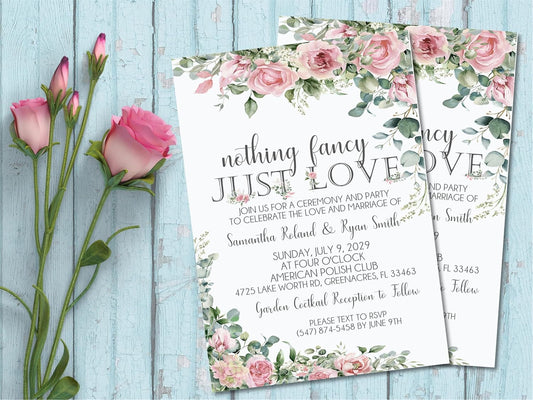 Pink Rose Wedding Invitations, Garden Floral, Personalized, Set of 12 Invitations with Envelopes