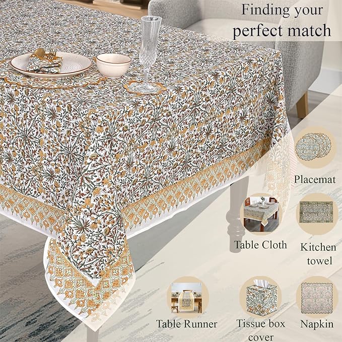 Goldenrod Yellow, Fern Green and Peanut Brown Indian Hand Block Printed 100% Pure Cotton Kitchen Tablecloth Home Decor Table Cloth Dinner Party Gift for Mother's day Her Mom Home Wedding 80x120 Inches