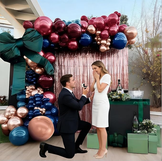 Red Blue Balloon Garland, Double Stuffed Navy Blue Dark Burgundy Balloon Arch Kit Rose Gold Fringe Curtains for Birthday Graduation Mardi Gras Party Decoration