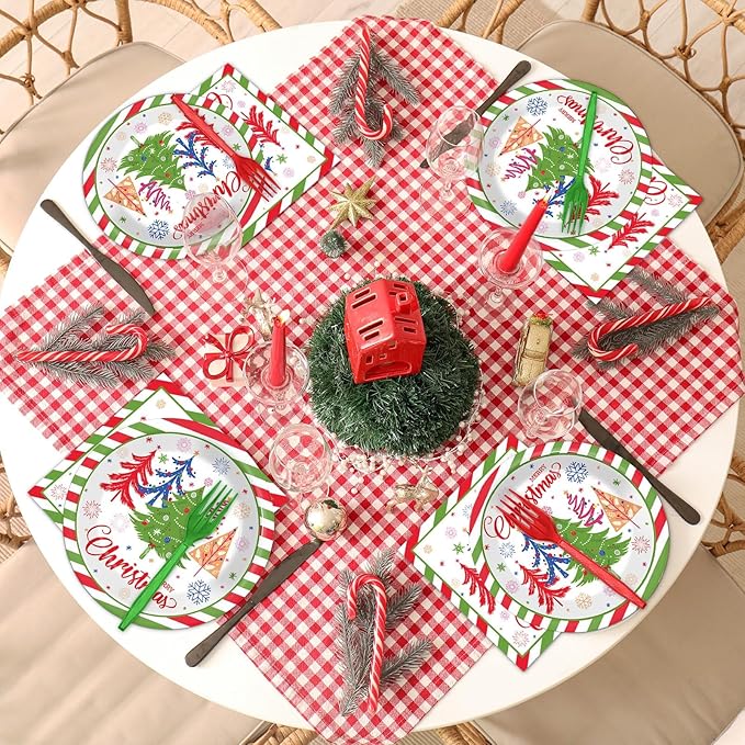 OBUSATT 96Pcs Christmas Party Supplies Red Green Christmas Tree Paper Plates and Napkins Disposable Xmas Tableware Dinnerware Set Winter Snowflake Plates for Holiday Party Decorations Serves 24