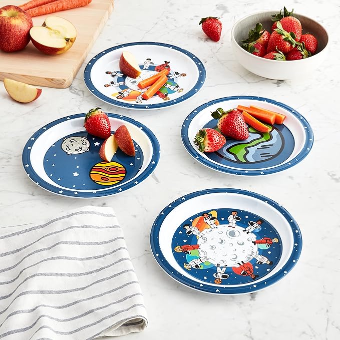 4 Piece Space Melamine Kids Plates, 4 Different Designs, Lightweight & Shatterproof Toddler Feeding Set, Children Safe Kitchen Set, Fun Mealtime, LIttle Kid Dinner Plates
