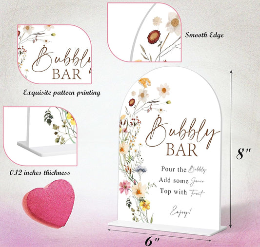 Bubbly Bar Sign, Flower Style Bubbly Bridal Shower Sign for Wedding, Engagement, Bridal Shower and Reception, Bridal Shower Decorations, Wedding Shower Favors, 6X8 Inch Acrylic Arch Sign with Stand,4