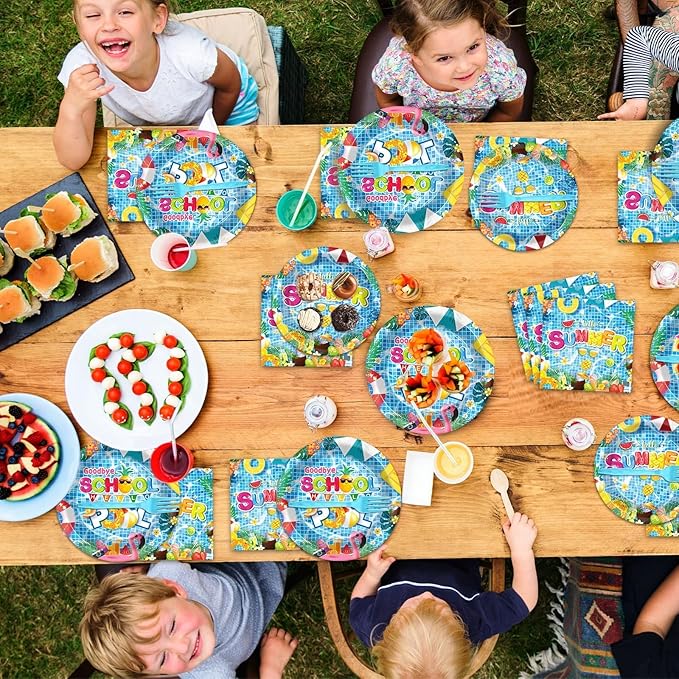 OBUSATT 96 Pcs Goodbye School Hello Pool Party Supplies Summer Beach Paper Plates Napkins Summer Vacation Dinnerware Party Decorations Favor for End of School Year Serves 24