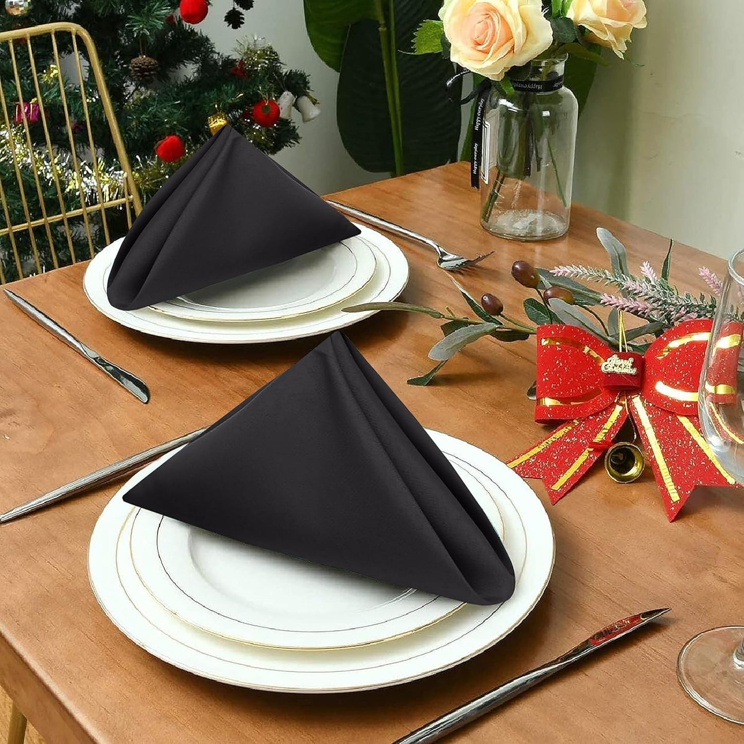 Ruvanti Cloth Napkins Set of 6, 18x18 Inches Napkins Cloth Washable, Soft, Durable, Absorbent, Cotton Blend. Table Dinner Napkins Cloth for Hotel, Lunch, Restaurant, Wedding Parties - Black