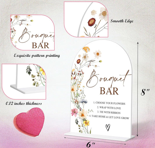 Bouquet Bar Sign, Flower Style Bridal Shower Sign for Wedding, Engagement, Bridal Shower and Reception, Bridal Shower Decorations, Wedding Shower Favors, 6X8 Inch Acrylic Arch Sign with Stand,5