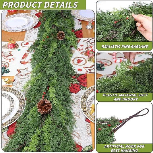 1 Pack 6FT Real Touch Christmas Garland with Pine Cone Artificial Realistic Faux Green Cedar Pine Garland,Thick and Lush, Lifelike Cedar Garland for Fireplace Indoor Outdoor Holiday Party Decoration