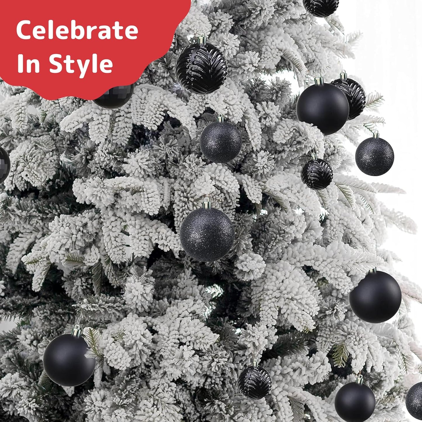 PREXTEX 36-Piece Black Christmas Ornaments - Shatterproof Tree Balls in 6 Styles and 3 Sizes with Hanging Loops to Decorate Black Christmas Tree - Ideal for Indoor and Outdoor Holiday Decor