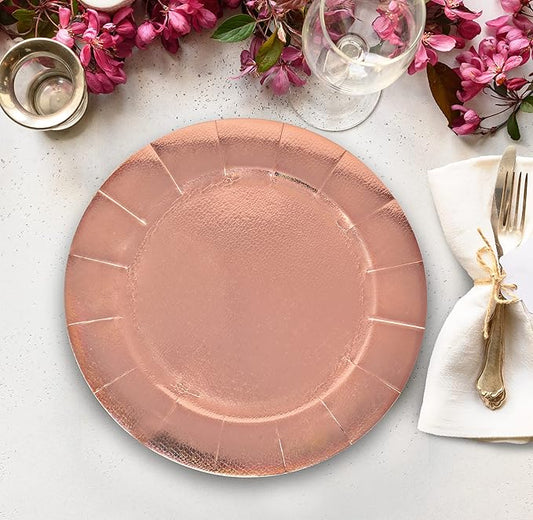 Gift Boutique 24 Pcs Rose Gold Round Disposable Charger Plates 13" Heavy Duty Dinner Serving Tray Paper Cardboard Platter for Table Setting Place Mats