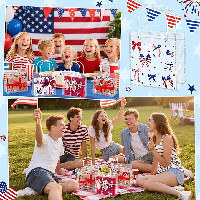 H1vojoxo Patriotic Clear Gift Bags - 24PCS 4th of July Clear PVC Gift Bags with Handles 7.9 x 3.2 x 7.9 Inches American Goodie Treat Snack Candy Gifts Bag Independence Day Memorial Day Party Favors