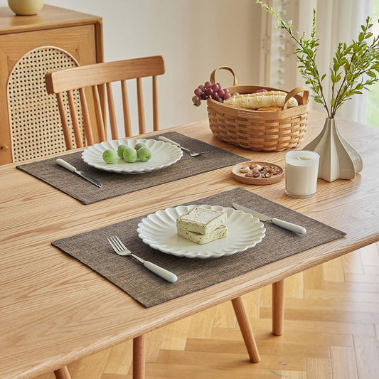 Softalker Faux Linen Placemats Set of 12-12 x 18 Inch, Heat Resistant Double Layered Durable Burlap Farmhouse Place Mats, Non-Slip Washable Rustic Table Mats for Dining, Kitchen, Party(Brown