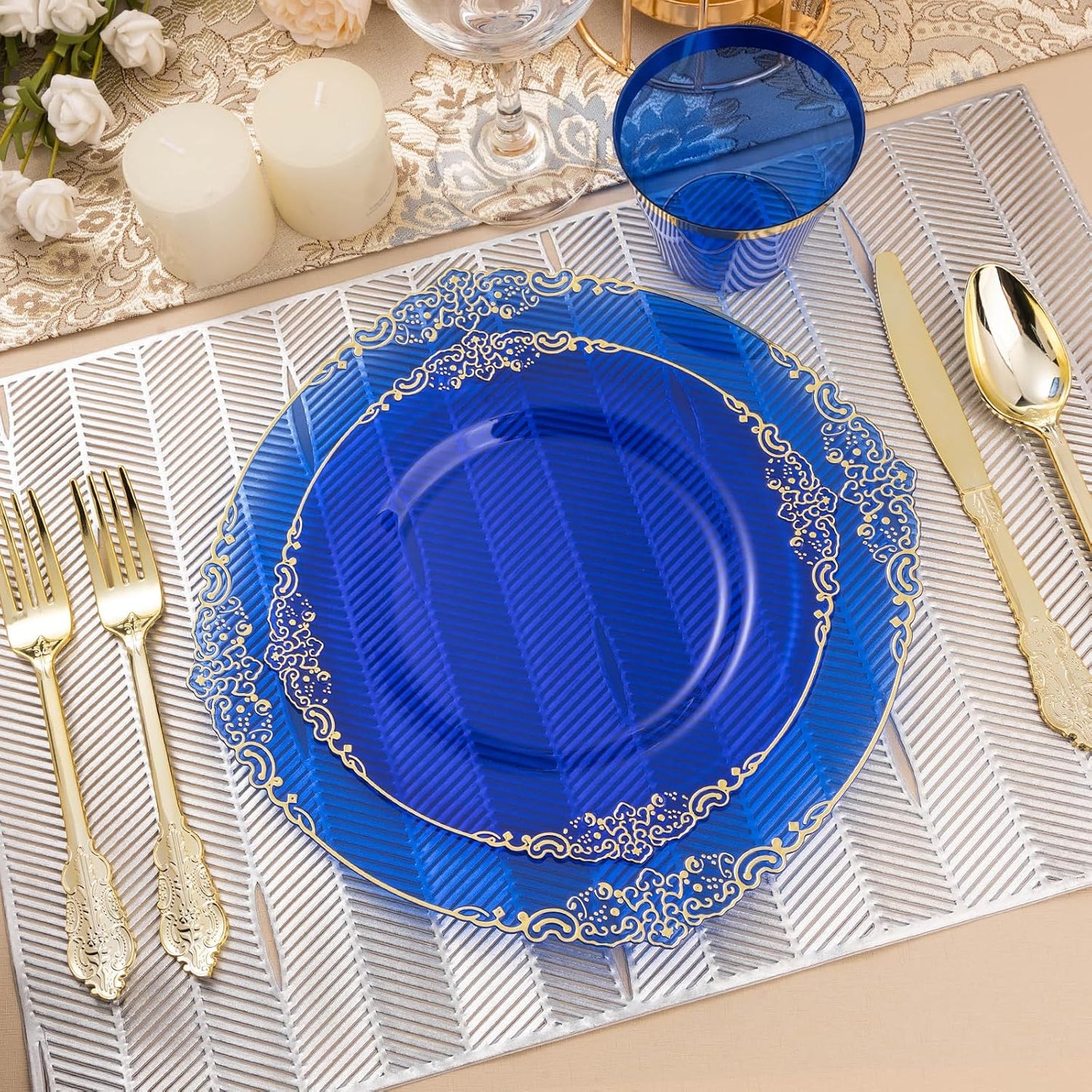 175PCS Clear Blue Plastic Plates for 25 Guests, Disposable Plates with Gold Trim include 25 Dinner and Dessert Plates, 75 Gold Silverware, 25 Cups, 25 Napkins for Party, Wedding & Graduation