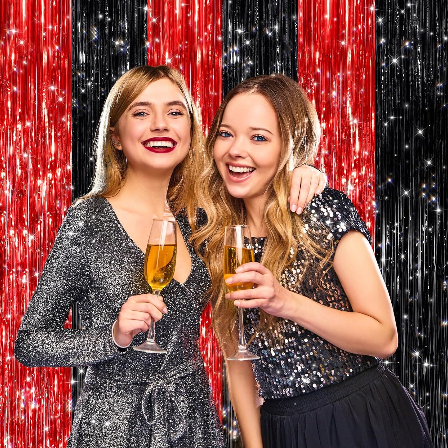 2 Pack Black Red Metallic Tinsel Foil Fringe Curtains, Door Streamers Photo Booth Backdrop for Birthday Party, Tinsel Curtain Backdrop for Baby Shower Bachelorette Christmas Party Decorations