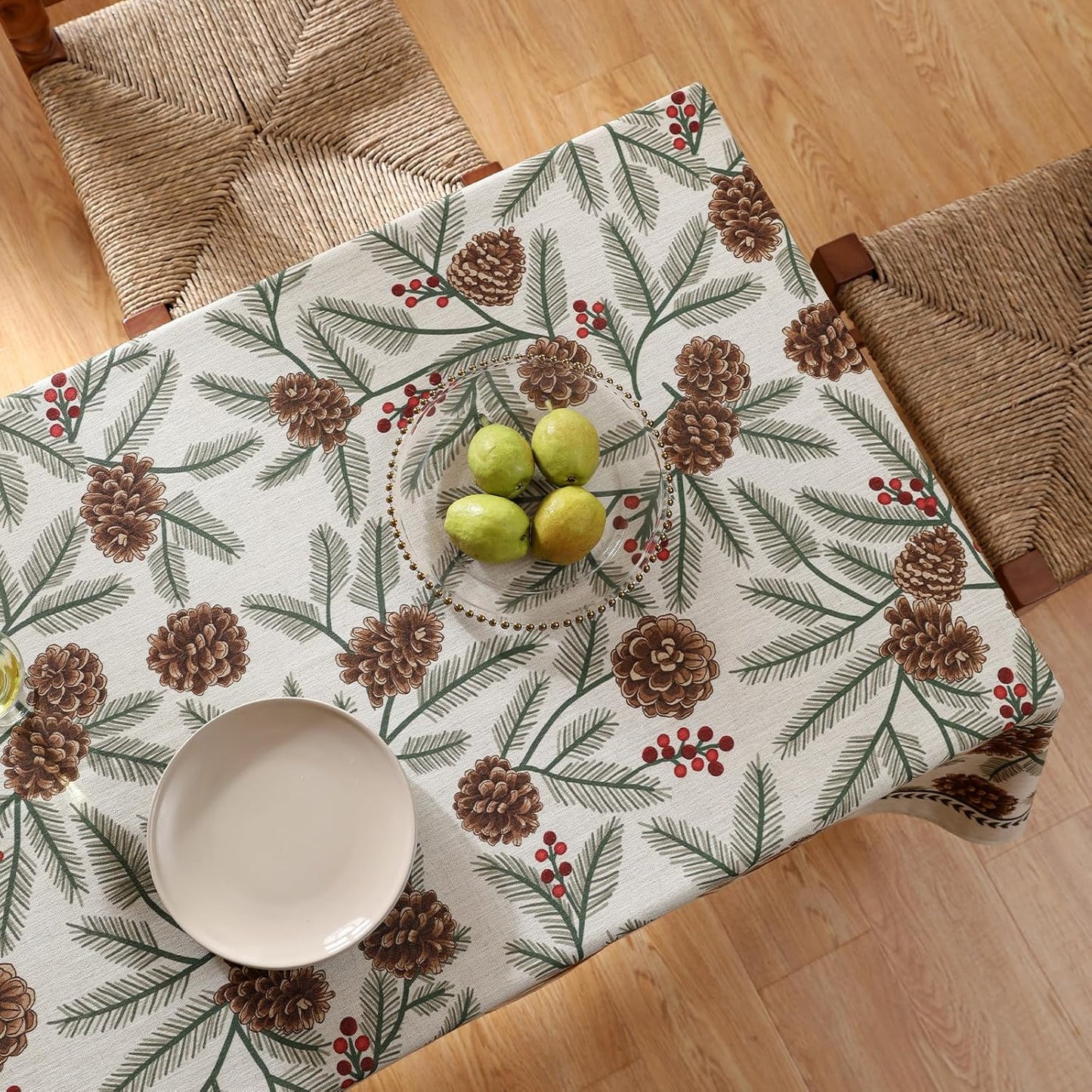 ISAENNE Designer Christmas Beige Linen Long Rectangle Tablecloth,Pinecones Pattern Indoor Table Cloths,Washable Decor Tablecloths for Dining Thanksgiving Kitchen Christmas,63"*102"-Carol B