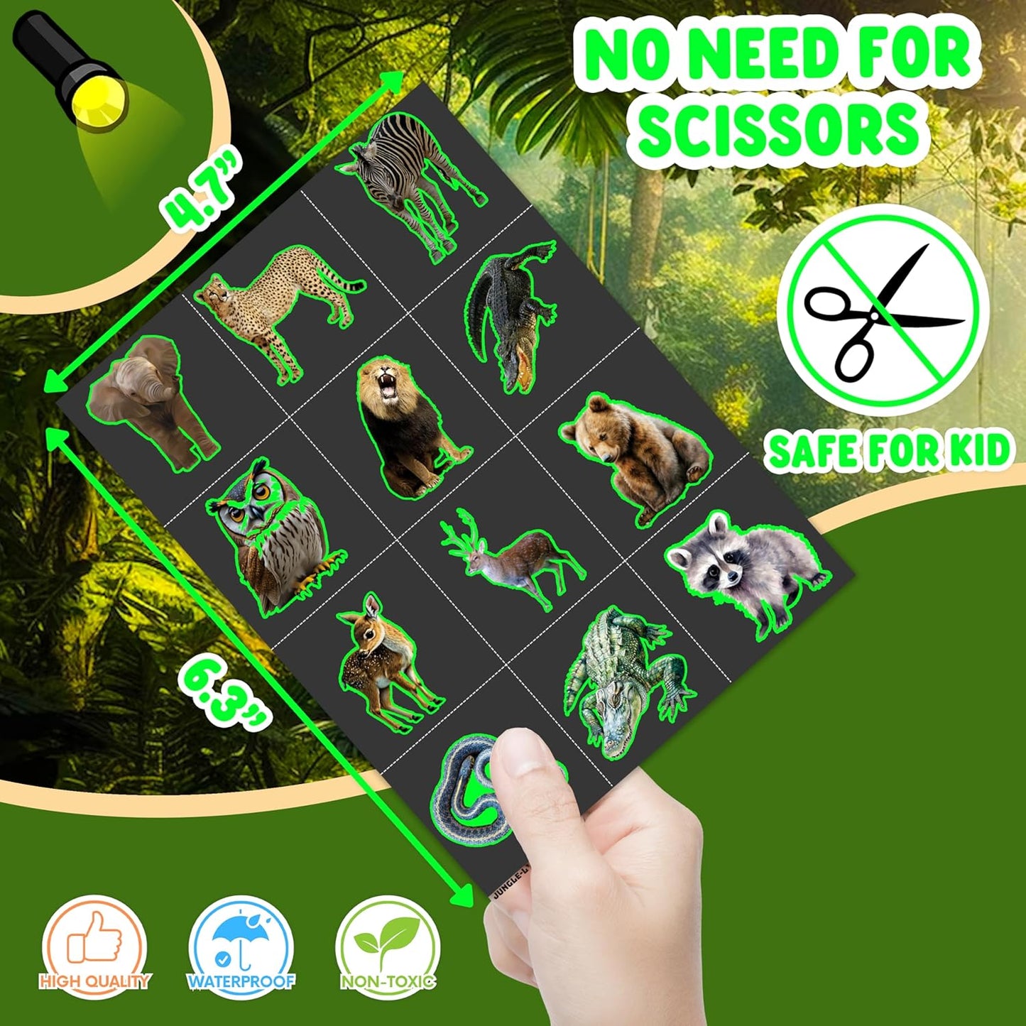 96 PCS Realistic Wildlife Jungle Animal Glow In The Dark Luminous Pre-Cut Temporary Tattoos Sticker Reptile Birthday Party Decorations Supplies Favors Gifts Boys Girls Zoo Cute Fake Tattoo Themed