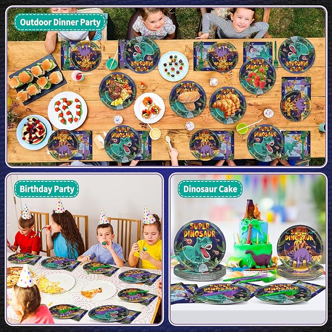 96 Pcs Super Dinosaur Plates and Napkins for Dinosaur Birthday Party Supplies Dino Movie Theme Paper Dessert Plates and Napkins Jungle Dino Tableware Set for Kids Boys 24 Guests Party Decorations