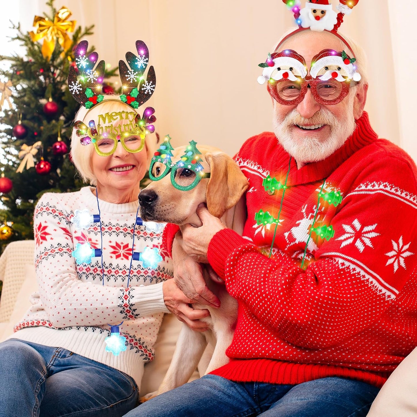 Blowata 12 PCS Christmas Party Favors, Light Up Christmas Necklace Headband Glasses Set, Candy Cane Snowflake Tree Bulb Necklace LED Headband Flashing Eyeglasses for Xmas Gifts, Christmas Accessories
