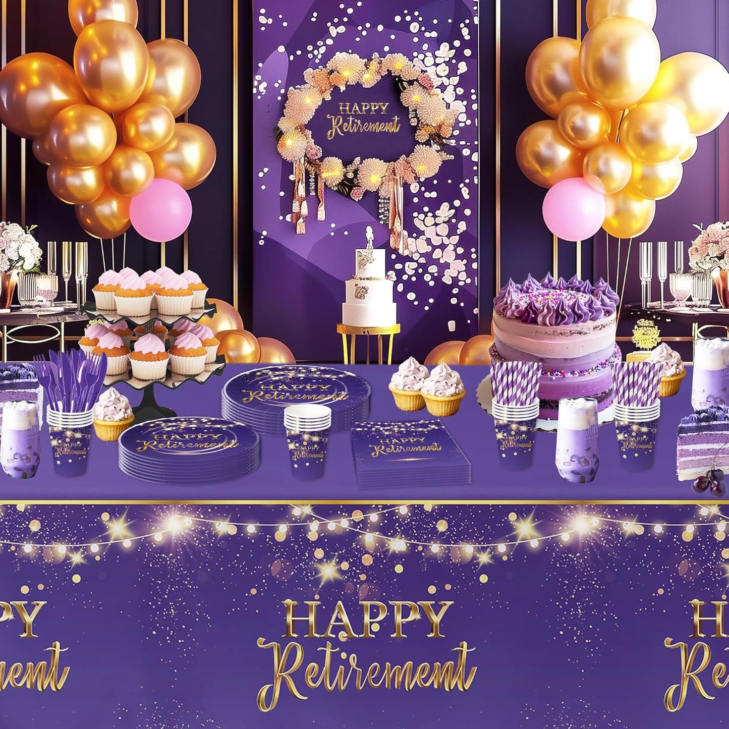Xigejob Retirement Decorations Supplies Party Tablecloth for Women, Disposable Purple Happy Retirement Party Decorations Table Cover - 3 Pack (54in x 108in)