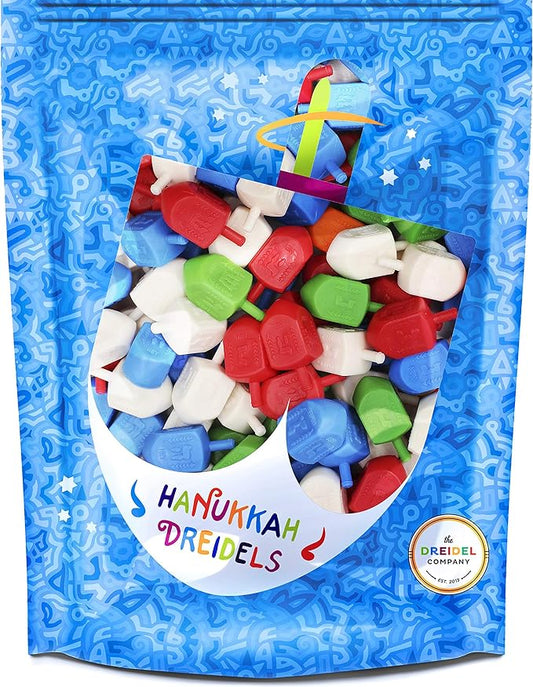 50 Pack Hanukkah Dreidels Multicolor Plastic Chanuka Draydels with English Transliteration, Includes Dreidel Game Instruction Card