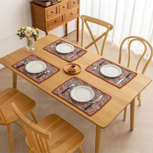 Boho Embroidery Table Runner Accessories Set of 6 Geometry Fall Kitchen Dining Table Decoration for Home Party Decor 13x18inch