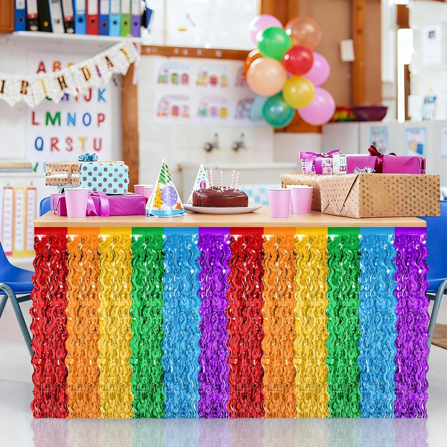 Rainbow Table Skirt, 2 Pack Desk Skirts Party Decorations, Colorful Metallic Wavy Tinsel Foil Fringe Table Skirts, Rainbow Foil Table Skirt for Birthday Classroom Teacher Pride Month Decor