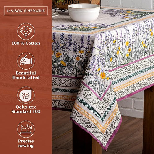 Maison d' Hermine Table Cloth Square Table 100% Cotton 54 x 54 Inches Tablecloth Reusable Decorative for Dining Room Farmhouse Home Valentines Day Decorations Spring Summer - Fanny Lavender