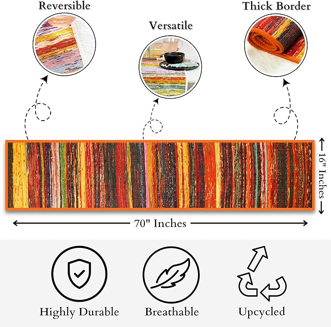 Trade Star Handloomed Bedside Runner Reversible Table Runner Table Placemat Premium Quality Highly Durable Decorative Upcycled Fabric Rug Runner (Orange)