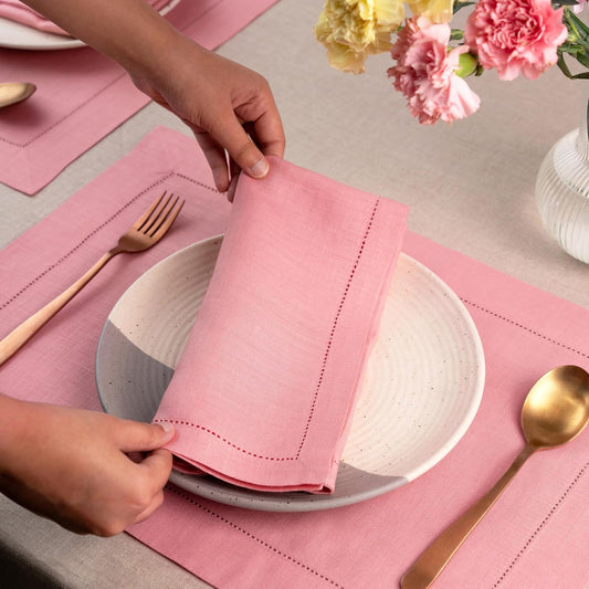 D'Moksha Homes Linen Dinner Napkins 20 x 20 Inch - 100% Pure Linen Dusty Pink Napkins Set of 4 - Classic Hemstitch - Washable Dusty Pink Cloth Napkins for Summer