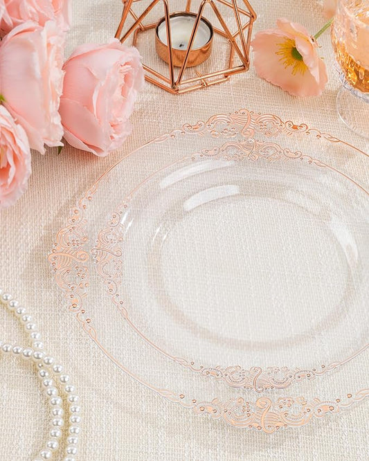 Nervure 175PCS Rose Gold Plastic Plates - Disposable Rose Gold Party Plates & Pre Rolled Napkins with Cutlery for 25 Guests, 50Plates, 75Silverware, 25Cups, 25Napkin for Wedding & Party & Easter