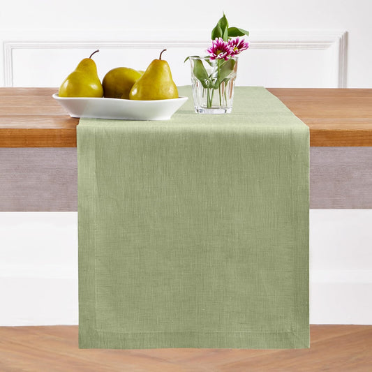Solino Home Linen Table Runner 108 Inches Long - Athena, 100% Pure Linen Chambray Olive Table Runner 14 x 108 Inch for Dining, Fall, Autumn, Thanksgiving