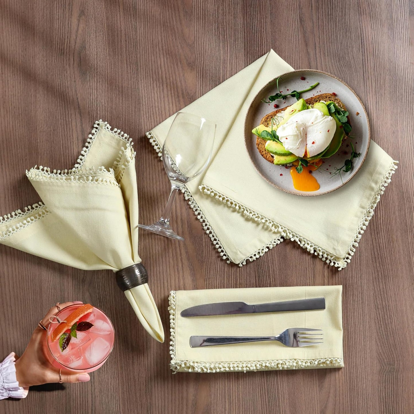 Bedding Craft Cotton Cloth Dinner Napkins Set of 12 – 18x18 French Vanilla Light Yellow with Decorative Lace Selvedge – Elegant Machine Washable Fabric Napkins for Weddings, Parties & Dining