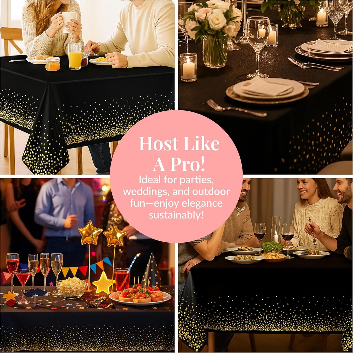Prestee 12-Pack Black and Gold Dots Disposable Tablecloths – 108x54 Inch Waterproof Plastic Table Covers – Elegant, Heavy-Duty Party Tablecloths for Weddings, Birthdays, Holidays, and Events