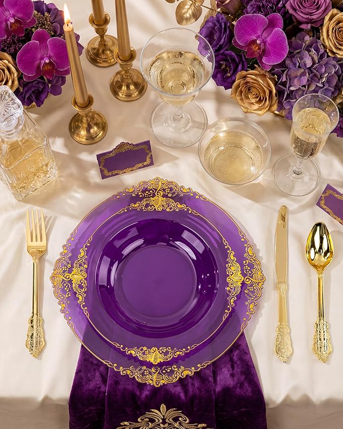 Nervure 350PCS Purple Plastic Plates - Disposable Purple Gold Party Plates & Pre Rolled Napkins with Cutlery for 50 Guests, 100Plates, 150 Silverware, 50 Cups, 50 Napkin for Wedding & Party & Bridal