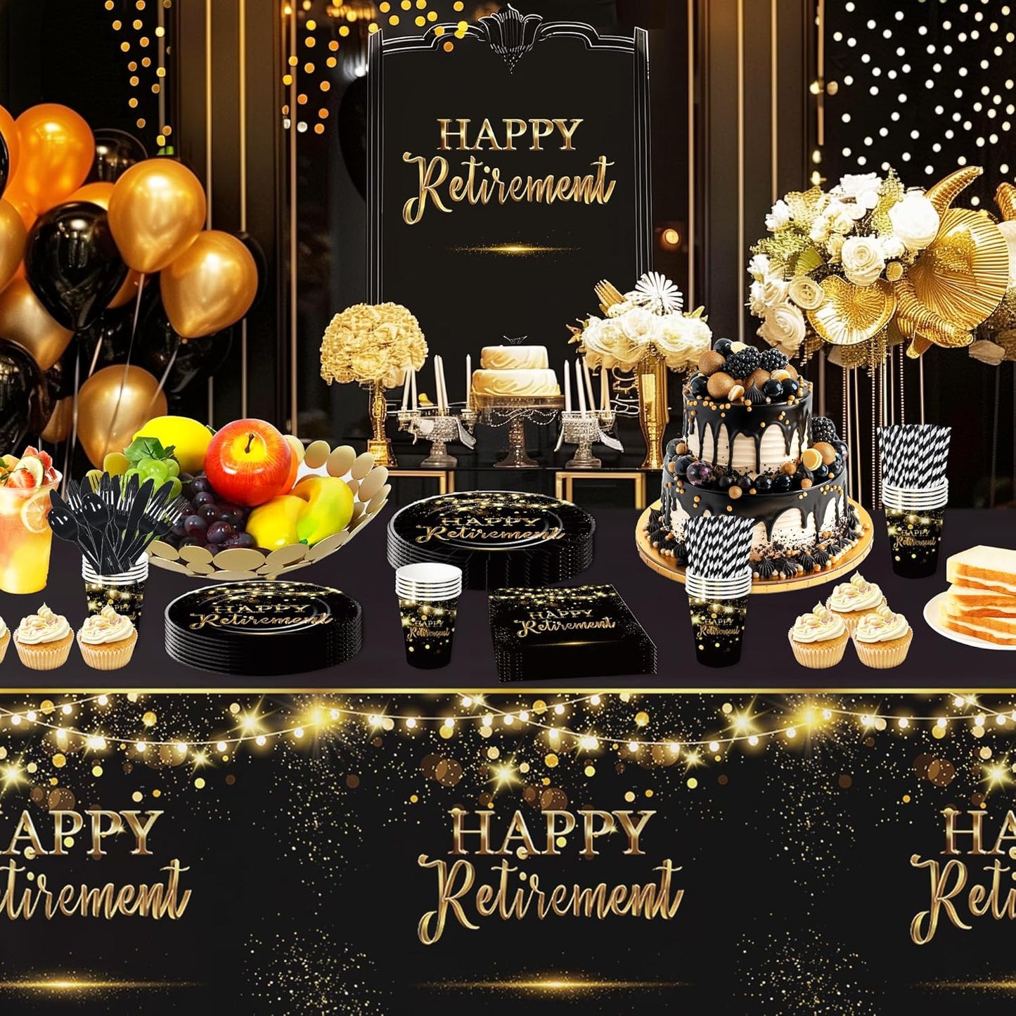 3 Pack Retirement Decorations Party Supplies Tablecloth - Gold Black Happy Retirement Decorations Table Cover for Men Women, 54in x 108in