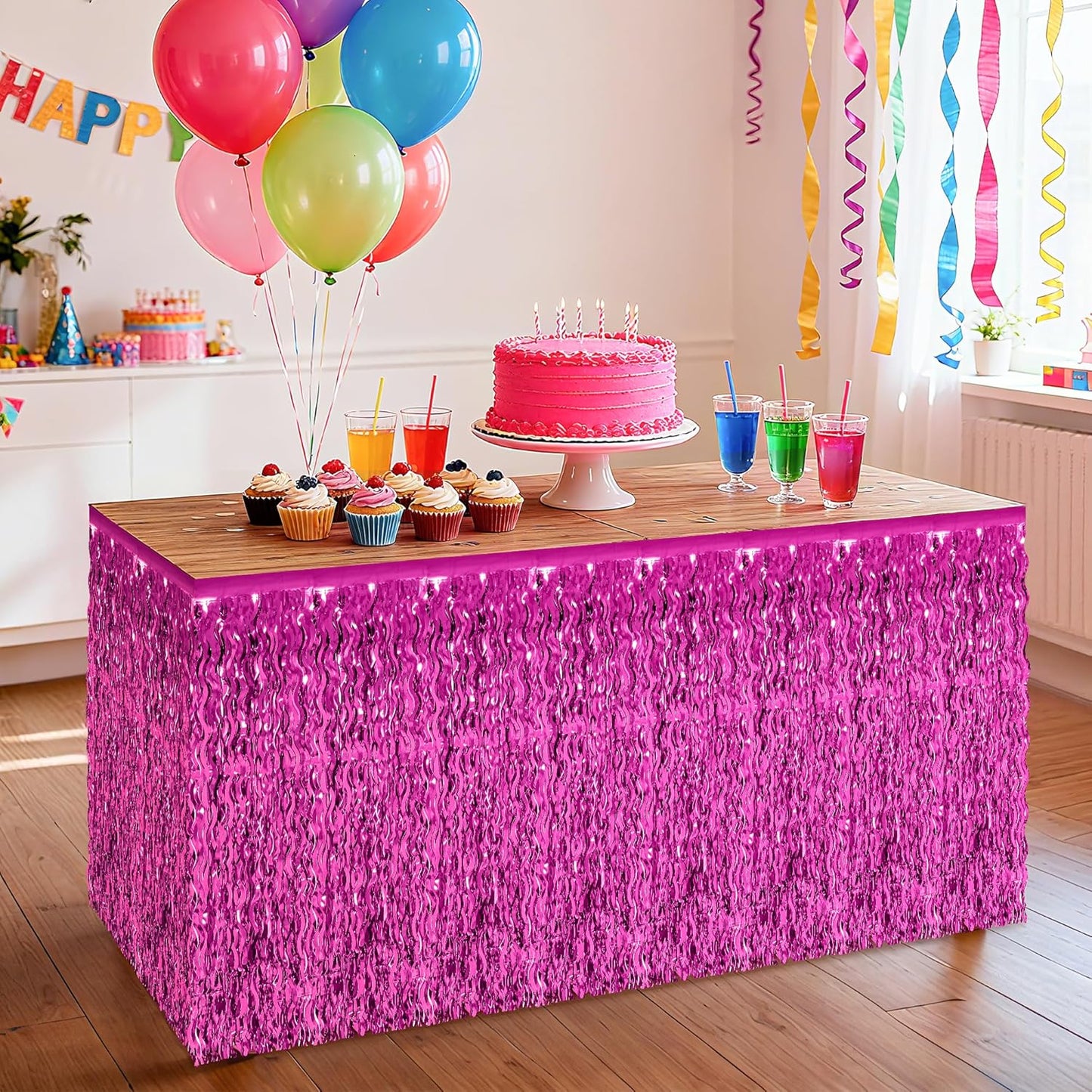 2 Pack Hot Pink Table Skirt Decor, Breast Cancer Awareness Decorations Foil Grass Skirt for Table, Metallic Wavy Tinsel Foil Fringe Table Skirts, Table Foil Skirts Wedding Birthday Valentines Party
