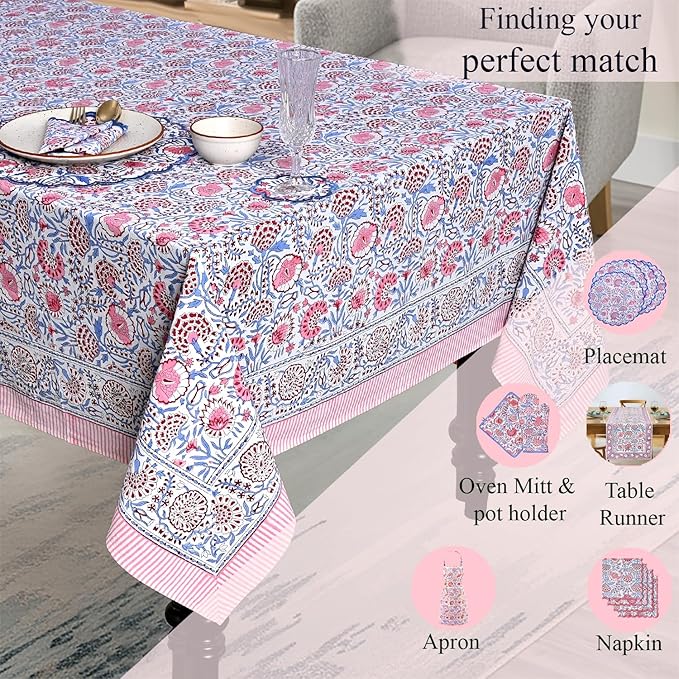Ridhi Hand Block Print Pigeon Blue Flamingo Pink Rectangle Cotton Tablecloth 190" x 72" Reusable Table Cover Decorative Everyday Use for Dining, Farmhouse, Home Gift for Spring, Easter, Valentine