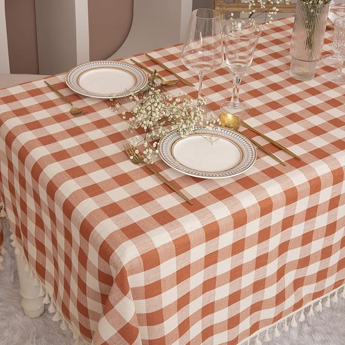 Rustic Gingham Tablecloth, Cotton Buffalo Plaid Table Cloth for Fall Thanksgiving Christmas Kitchen Restaurant Holiday Outdoor Picnic Decoration(Rectangle/Oblong, 55x84,Orange
