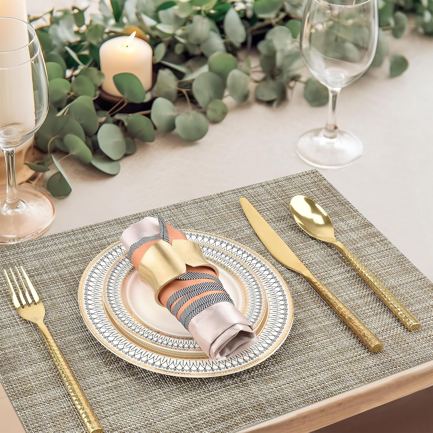 SLKQG Placemats Set of 4 - Easy Clean Washable Vinyl Placemats - Wipeable Heat Resistant Table Mats for Dining Table - 17.7x11.8 Inch (4, Gray & Gold Two-Tone)