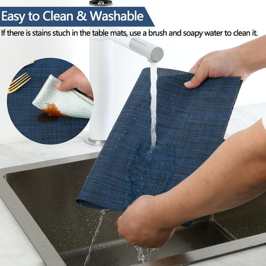 SLKQG Navy Blue Placemats Set of 6 - Easy Clean Washable Vinyl Placemats - Wipeable Heat Resistant Table Mats for Dining Table - 17x12 Inch (Navy Blue, 6)