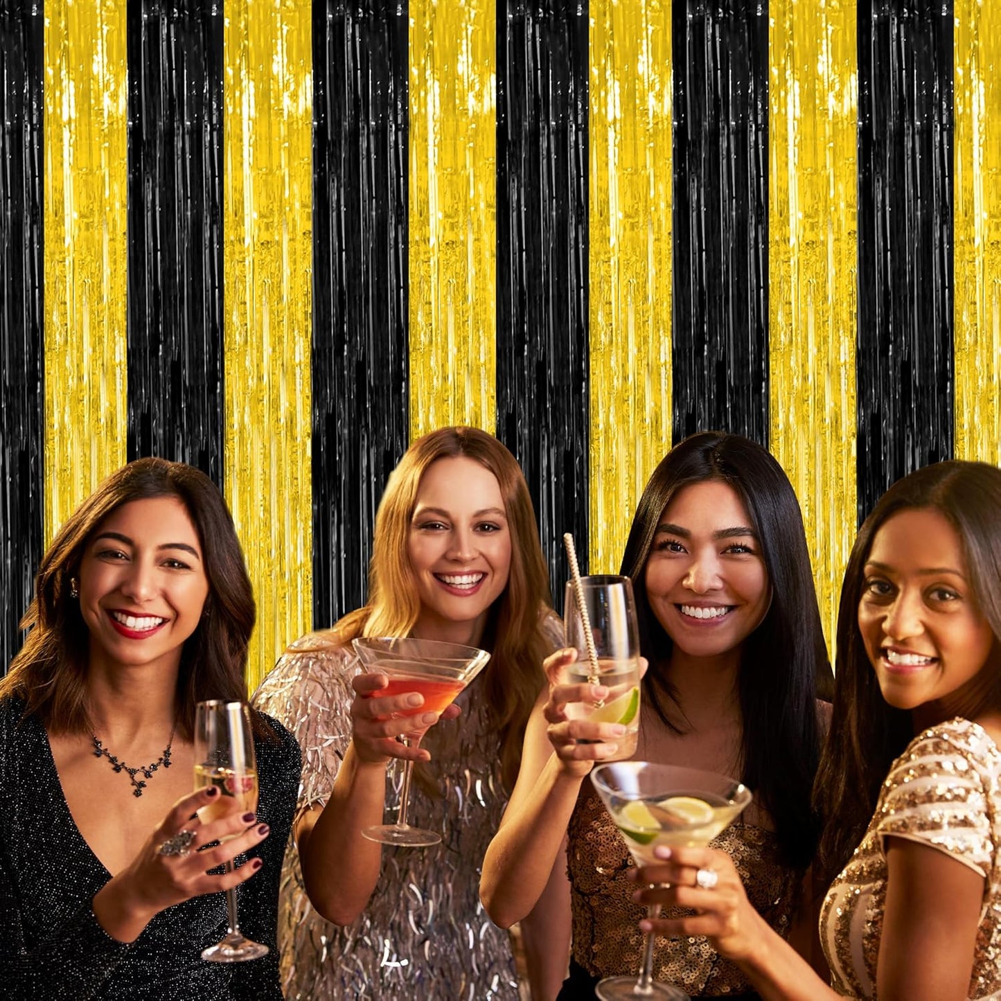2 Pack Graduation Backdrop, 3.28 FT x 7.05 FT Black and Gold Foil Fringe Curtains, Metallic Foil Curtain Graduation Backdrop, Grad Party Supplies Black and Gold Party Decorations Class of 2025